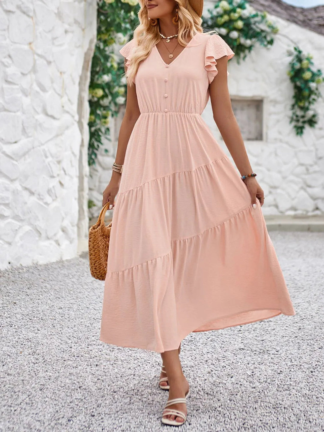 Abito elegante donna midi con scollo a V e maniche a balze. Ideale per cerimonie primaverili ed estive. Stile chic.