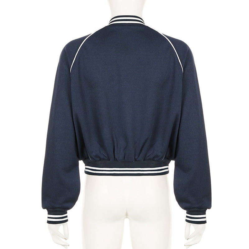 Giacca donna stile varsity baseball patchwork, ideale per moda casual autunno inverno.