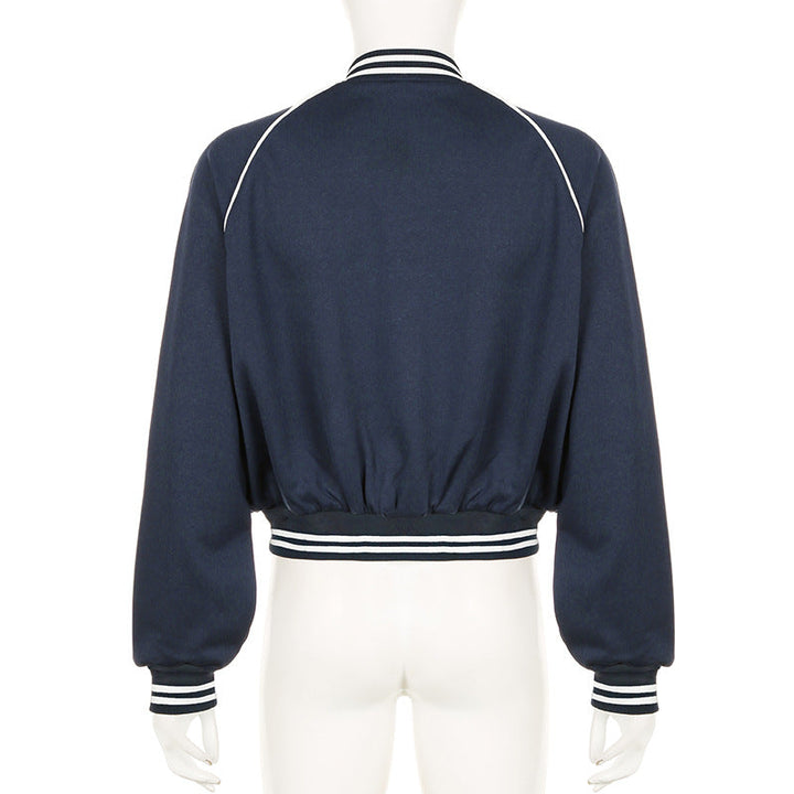 Giacca donna stile varsity baseball patchwork, ideale per moda casual autunno inverno.