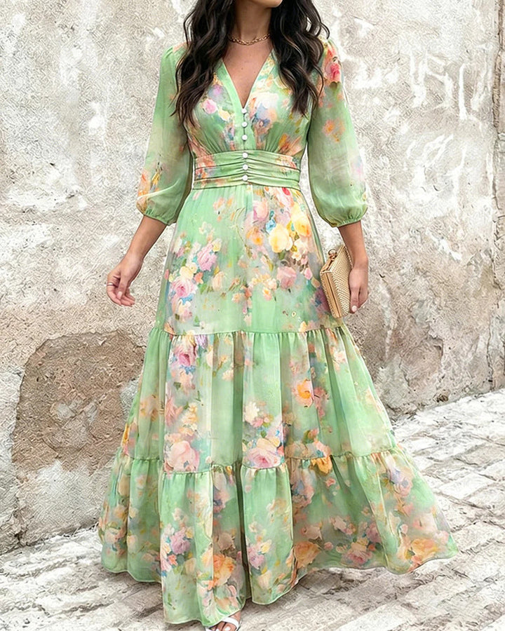 Stile estivo elegante: abito donna con volant e maniche 3/4, perfetto per la moda femminile.