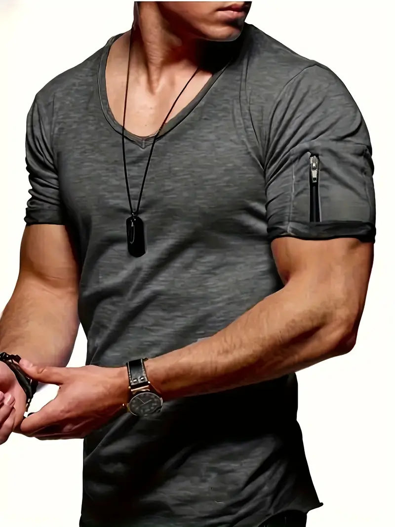 T-shirt uomo slim a maniche corte, retro elegante, scollo a V, abbigliamento casual e premium, comfort.