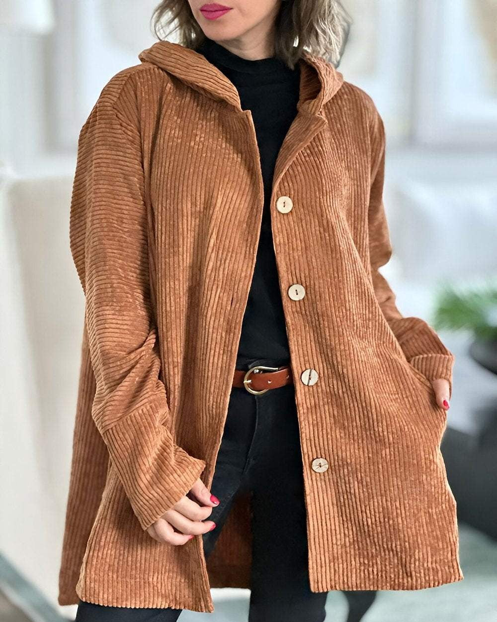 Giacca comoda da donna beige con tasche, perfetta per l'inverno, stile moderno.