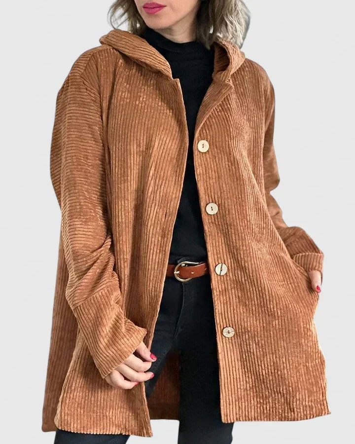 Capospalla donna confortevole: giacca con cappuccio in velluto a coste per lo stile casual.