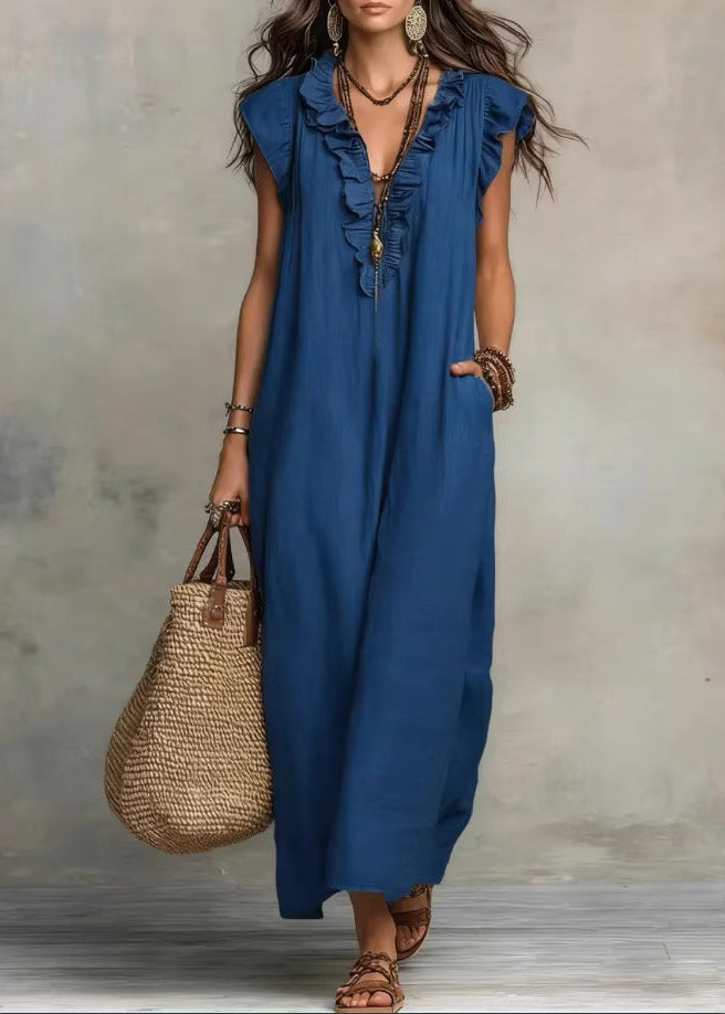 Abito estivo donna midi A-line senza maniche con volant e tasche, perfetto per il caldo.