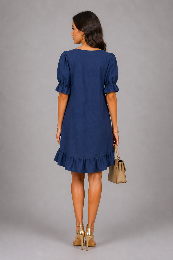 Moda femminile: abito blu navy elegante e fluido, con un design raffinato per un look impeccabile.