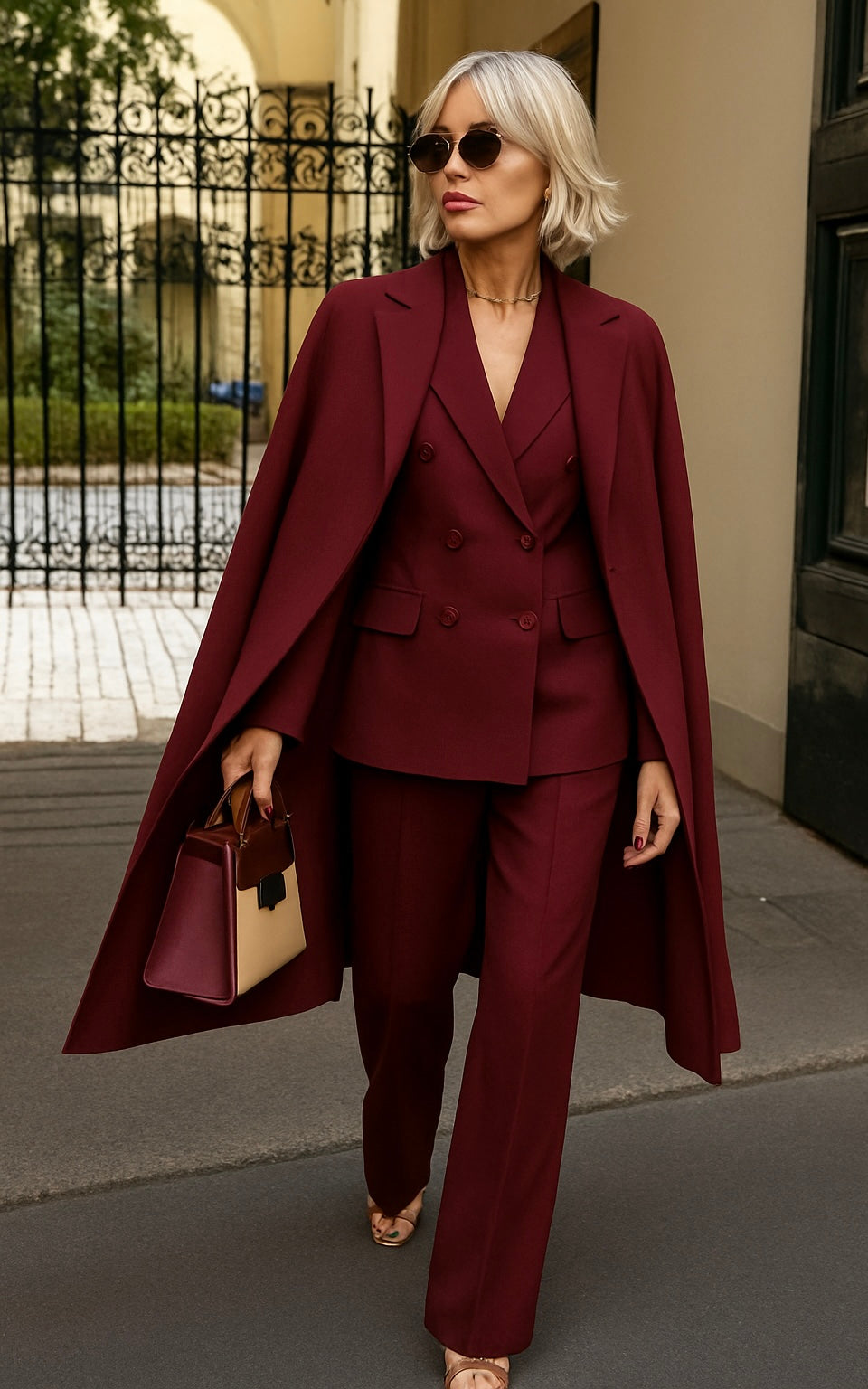 Completo donna moda femminile: tre pezzi con blazer, cappotto e pantaloni eleganti, vestibilità regolare.