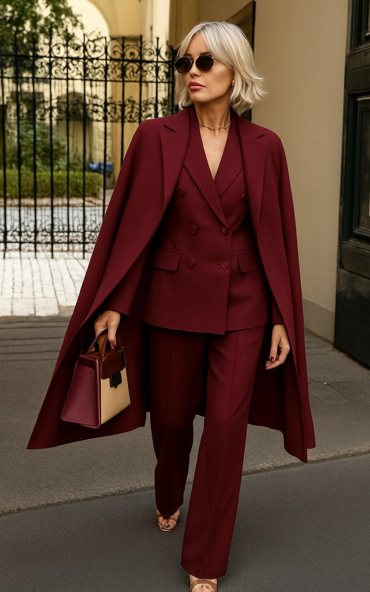 Completo donna moda femminile: tre pezzi con blazer, cappotto e pantaloni eleganti, vestibilità regolare.