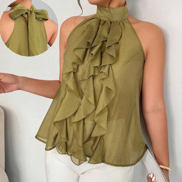 Top elegante donna taglie forti stile francese business, scollo all'americana, orlo arricciato, senza maniche.