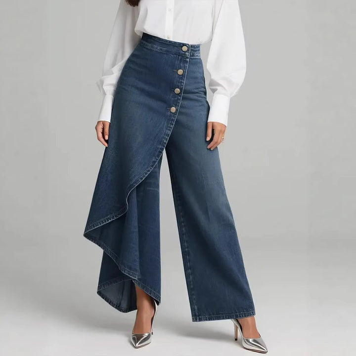 Moda donna: pantaloni vita alta effetto denim, gamba dritta, con bottoni arricciati, perfetti per ogni occasione.