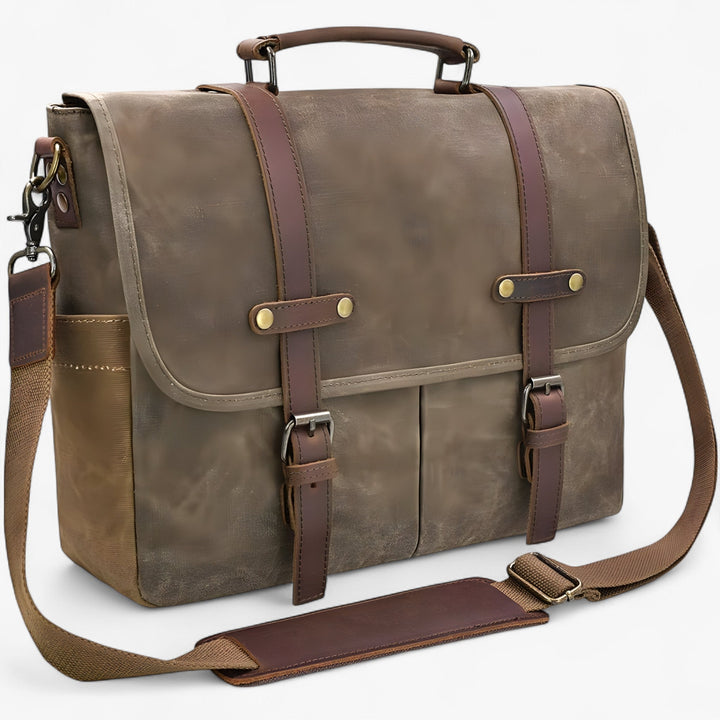 Borsa a tracolla uomo marrone dal design moderno, ideale per trasportare laptop in sicurezza con stile.