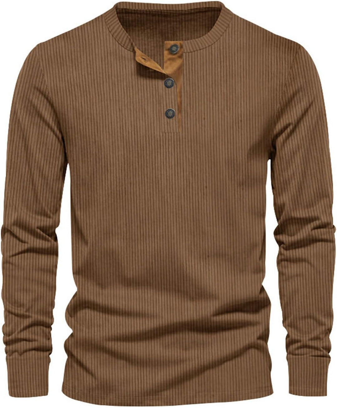 Modello che indossa t-shirt uomo girocollo a maniche lunghe a coste. Stile casual ideale per abbigliamento versatile.