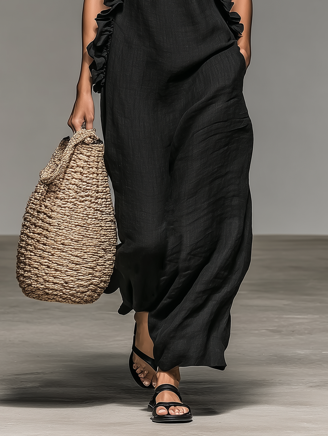 Abito maxi donna senza maniche, con volant giocosi e tasche capienti, perfetto per l'eleganza estiva e il comfort.