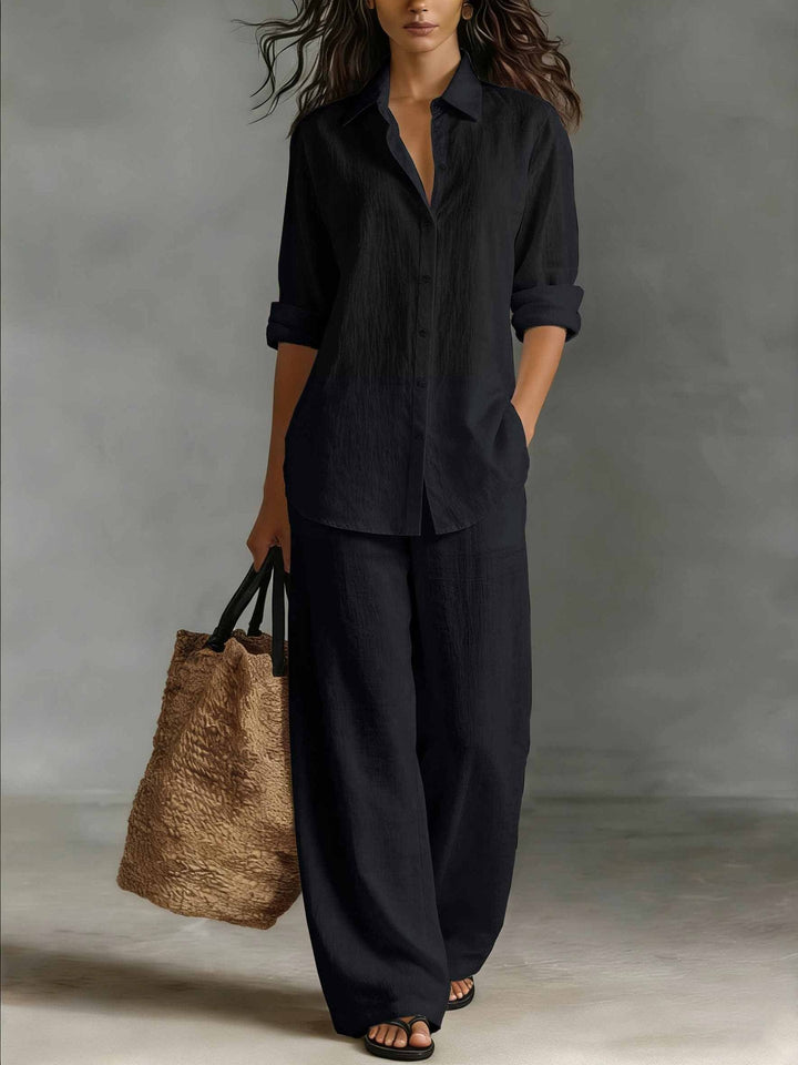 Set coordinato donna casual due pezzi con top maniche lunghe e pantaloni dritti, perfetto per il comfort.