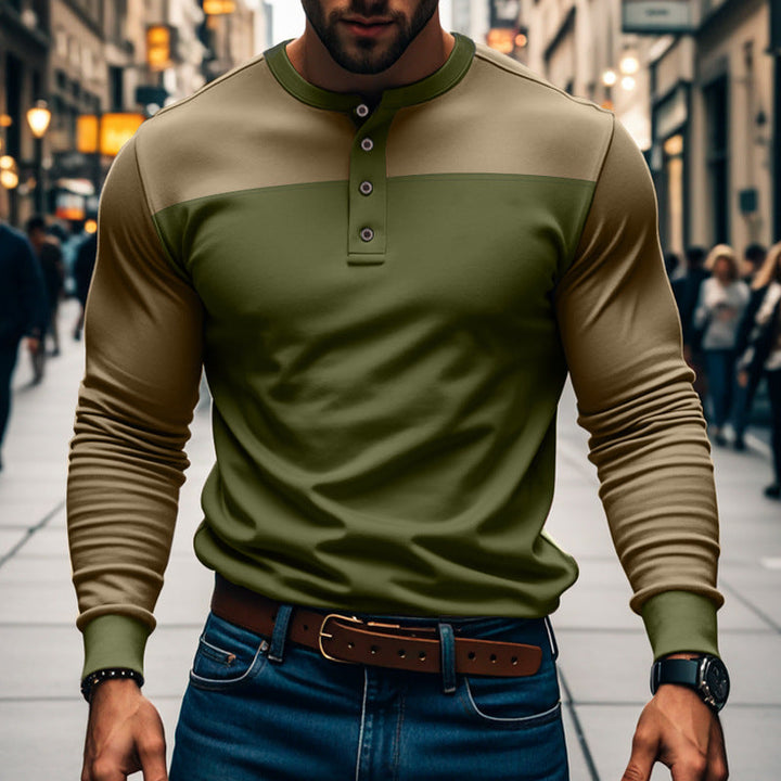 Maglia Henley uomo casual-chic, con dettagli color block, perfetta per il tempo libero e lo stile.