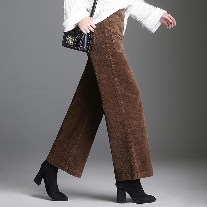 Pantaloni eleganti a gamba larga da donna in velluto a coste, perfetti per un look sofisticato e confortevole.