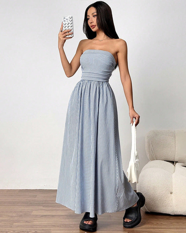 Abito estivo maxi donna, stile senza spalline, comode tasche. Vestito lungo versatile per primavera estate.