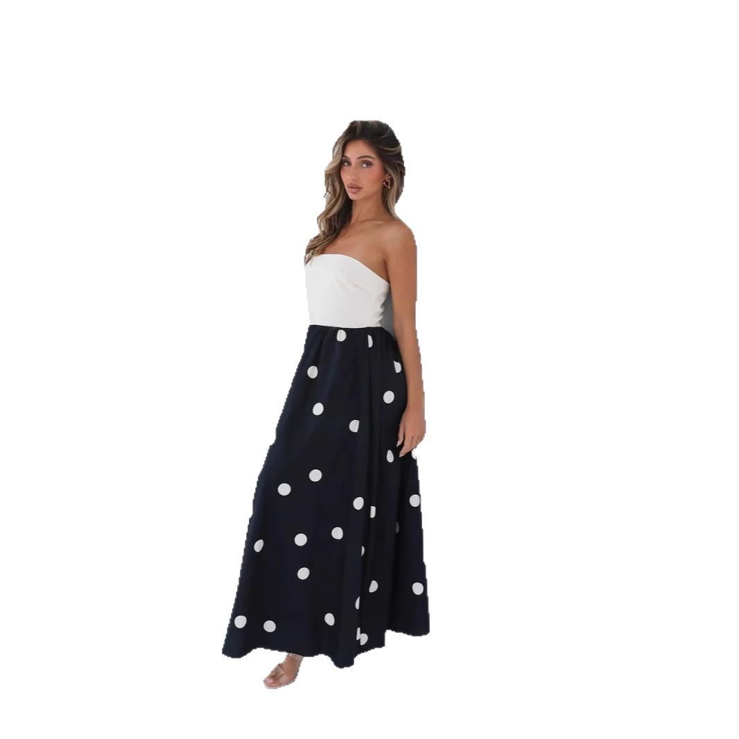 Elegante abito lungo donna patchwork a pois. Vestito estivo chic senza spalline, ideale per un look casual o sofisticato.