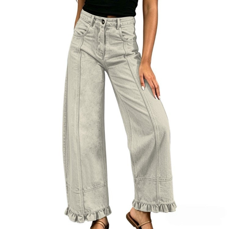 Comodi jeans donna a vita alta con gamba larga, ideali per outfit casual streetwear e quotidiani.