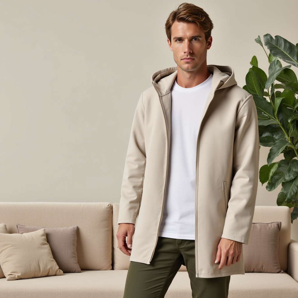 Giacca uomo leggera con cappuccio e zip, resistente. Ideale per look casual primavera/autunno.