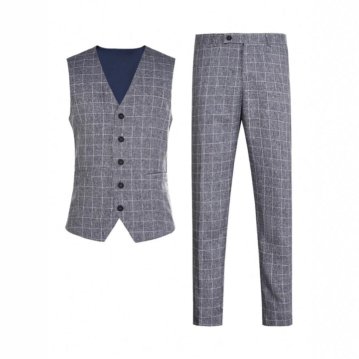 Abito uomo business elegante, completo due pezzi con gilet a quadri e pantaloni eleganti. Stile professionale.
