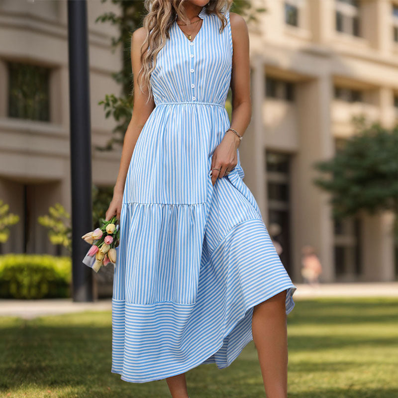 Elegante abito midi donna per ufficio, design a righe verticali, stile A-linea, perfetto per la primavera.