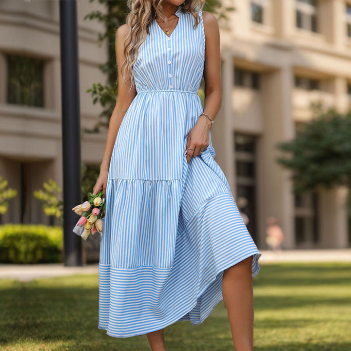 Elegante abito midi donna per ufficio, design a righe verticali, stile A-linea, perfetto per la primavera.