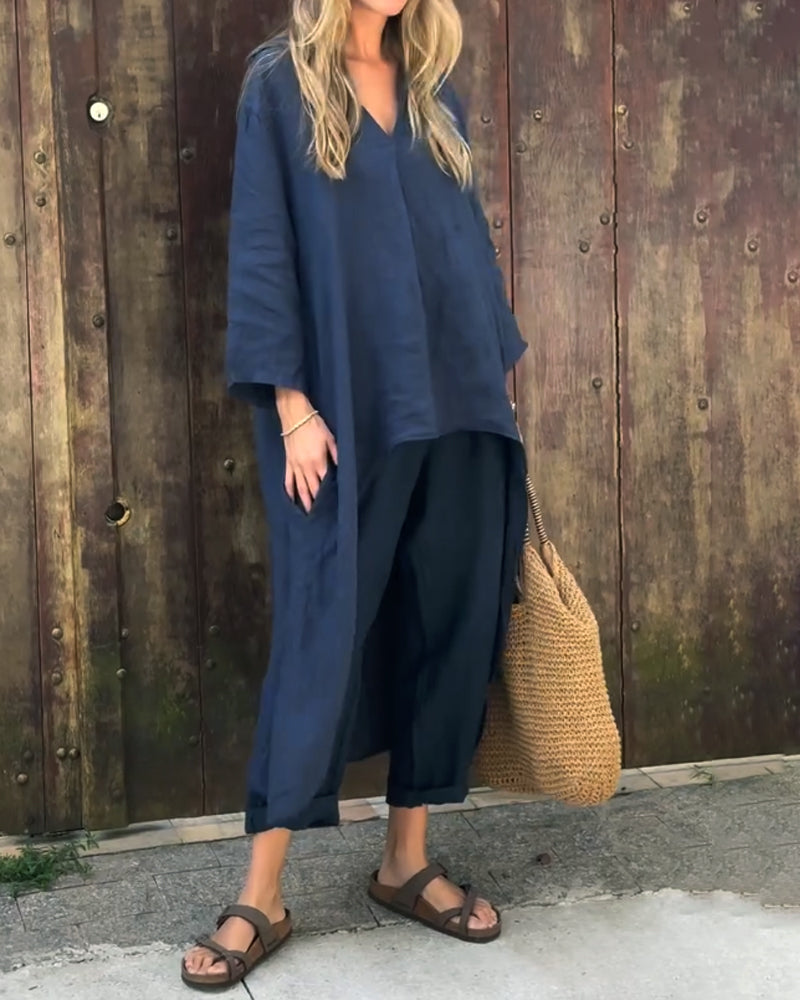 Completo casual donna in due pezzi: tunica estiva e pantaloni ampi, ideale per un look comodo e fresco.