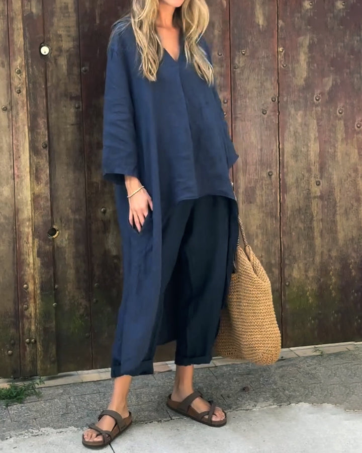 Completo casual donna in due pezzi: tunica estiva e pantaloni ampi, ideale per un look comodo e fresco.