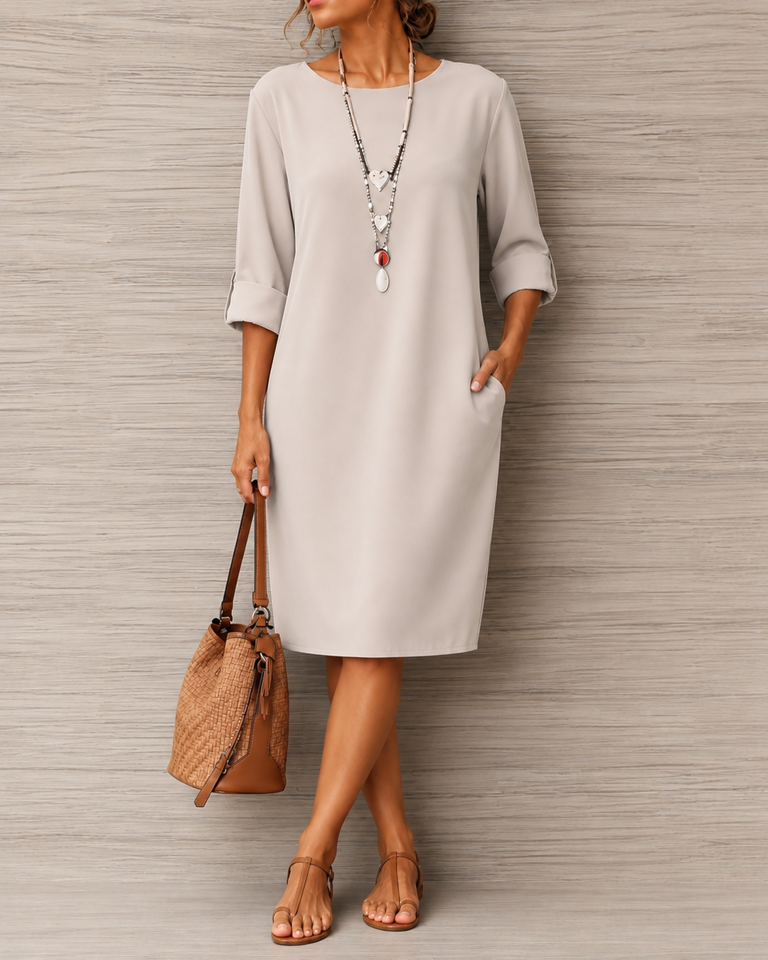 Tunica donna versatile, collo rotondo, tasche pratiche. Ideale per look eleganti o casual in primavera/estate.
