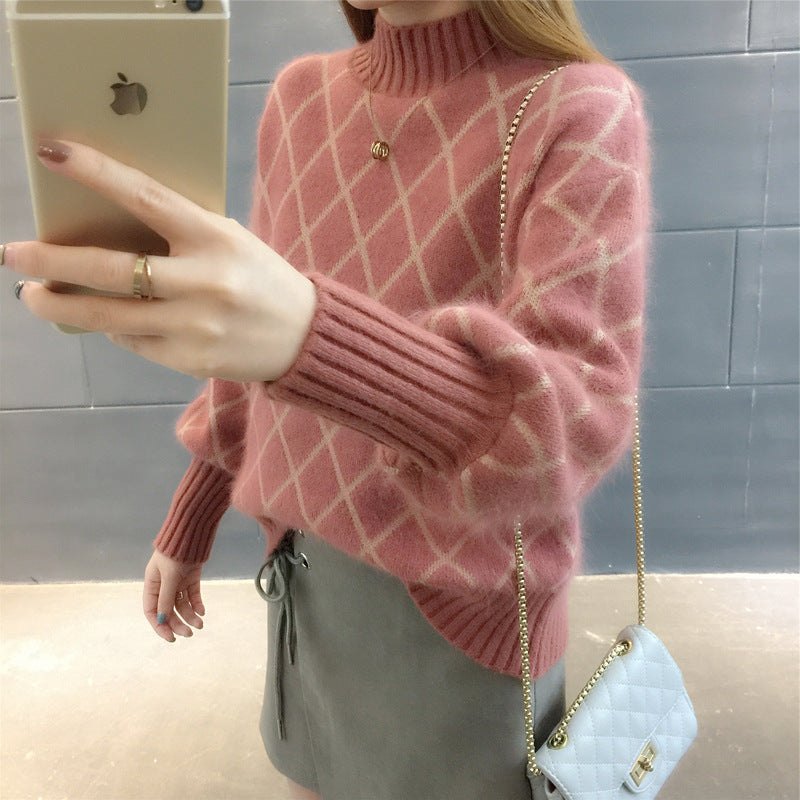 Caldo maglione donna autunnale/invernale, pullover a rombi, scollo rotondo per un comfort elevato.