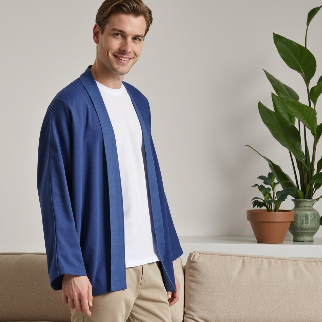 Uomo indossa un kimono leggero a vestibilità rilassata, perfetto per uno stile casual ed elegante.