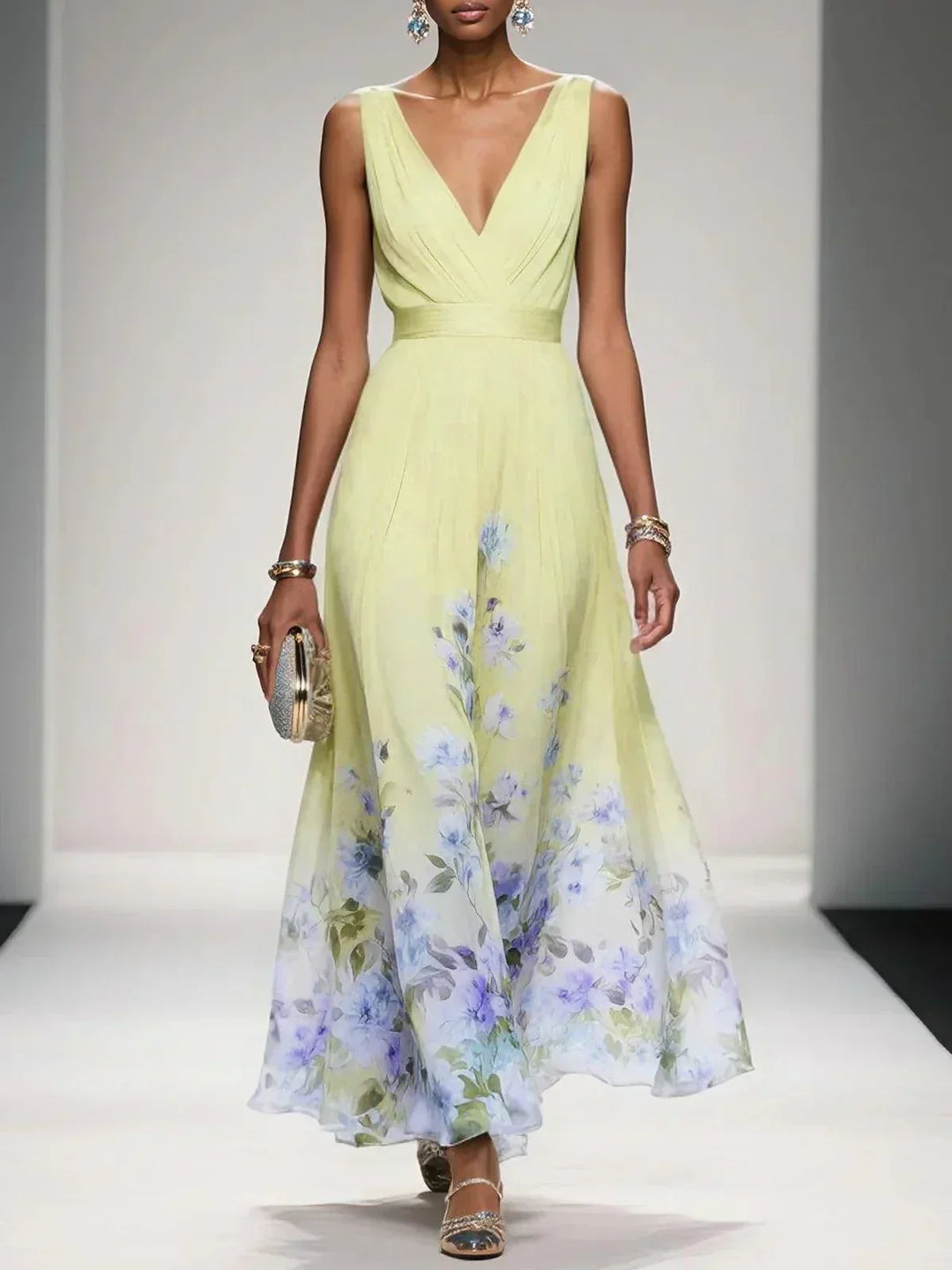 Abito elegante floreale autunnale da donna, scollo a V, ideale per feste e occasioni speciali.