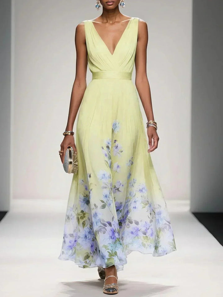Abito elegante floreale autunnale da donna, scollo a V, ideale per feste e occasioni speciali.
