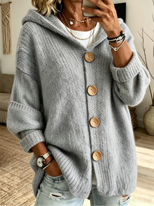 Cardigan da donna casual con cappuccio e bottoni, giacca leggera per il massimo comfort quotidiano.