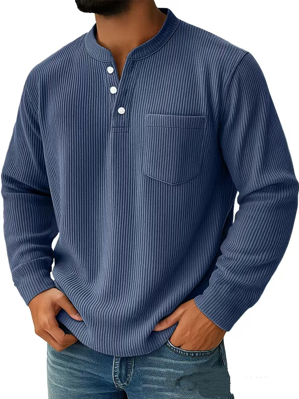 Camicia Henley maschile a maniche lunghe, collo con bottoni, ideale per un abbigliamento comodo e alla moda.