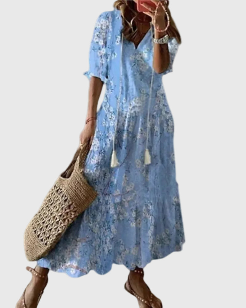 Abito maxi da donna boho fluido per autunno, vestito versatile per look casual o chic.