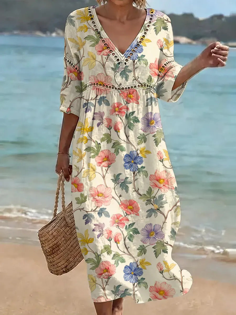 Abito midi donna floreale in cotone lino, scollo a V, maniche 3/4. Perfetto vestito estivo casual multicolore.
