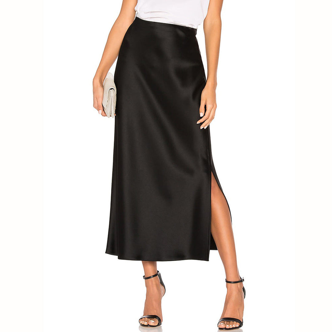 Gonna casual midi donna a vita alta con spacco e vita elastica, ideale per il giorno o la sera.