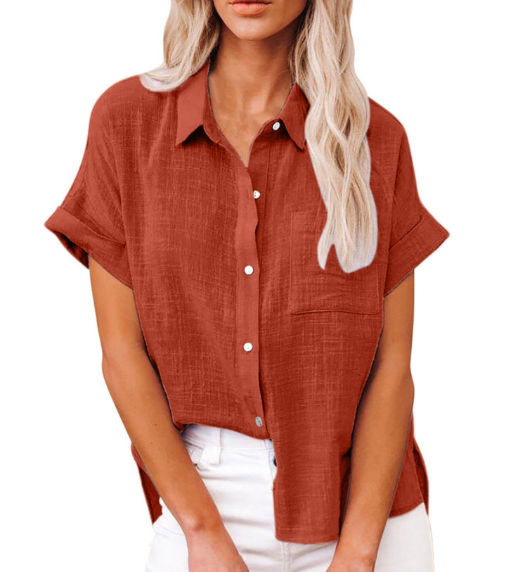 Camicia di lino da donna a maniche corte, traspirante e con bottoni, un capo essenziale per l'estate.