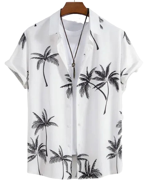 Camicia uomo frontale con stampa floreale e bottoni, maniche corte, taglio fresco e design accattivante.