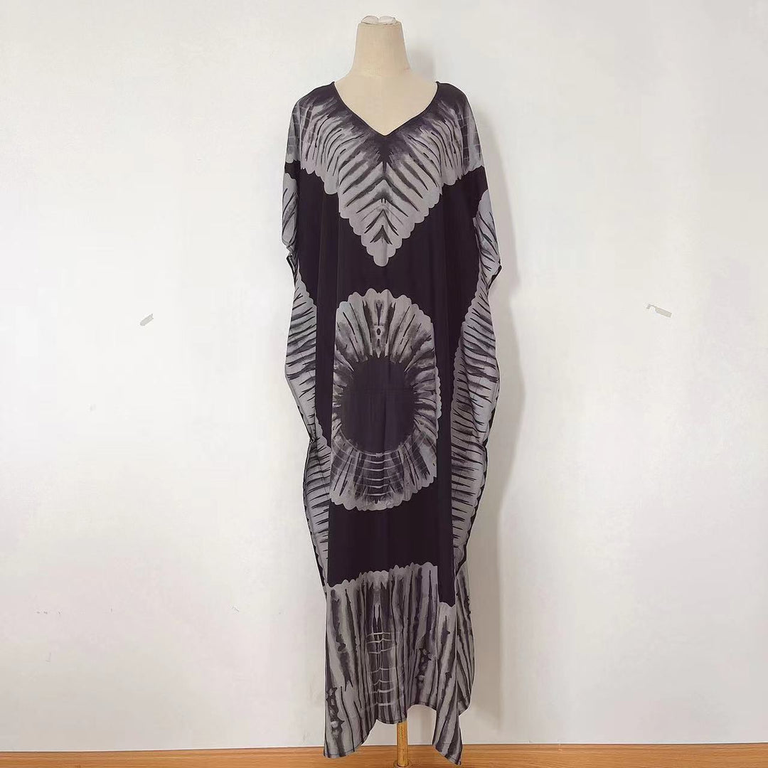 Vestito lungo casual chic per donna, stampa artistica, scollo a V, ideale per il giorno.