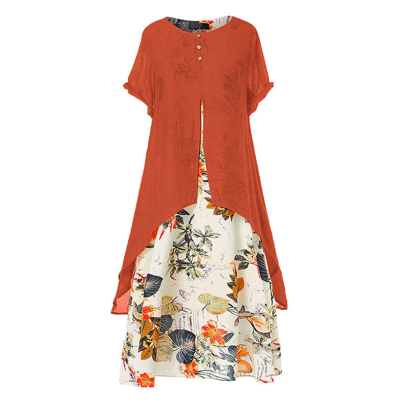 Abito floreale estivo donna, design comodo e sovrapposto. Ideale per look casual, vacanze e primavera elegante.