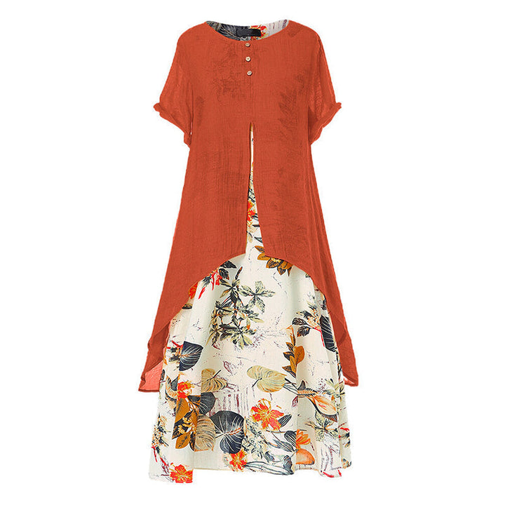 Abito floreale estivo donna, design comodo e sovrapposto. Ideale per look casual, vacanze e primavera elegante.