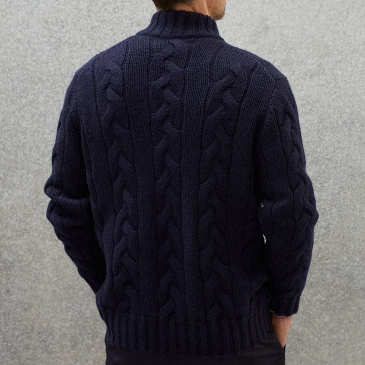 Pullover uomo spesso a collo alto con cerniera, design a trecce per un comfort elegante e moda inverno.