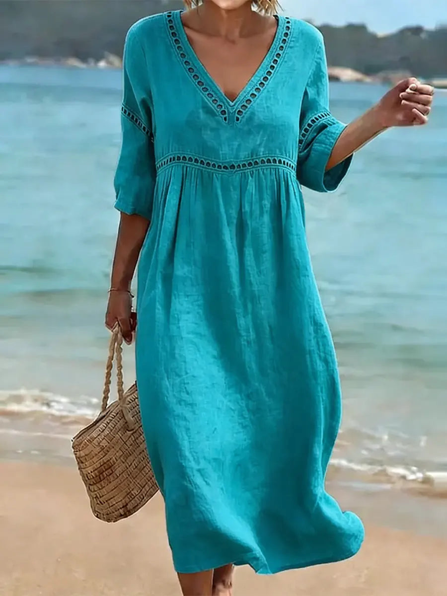 Abito midi estivo da donna, in cotone, comodo per vacanze, spiaggia o look casual primavera estate.