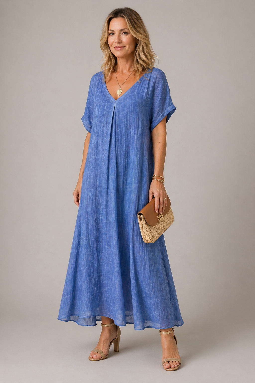 Abito donna casual blu con scollo a V, morbido e versatile per look estivi quotidiani o vacanze.