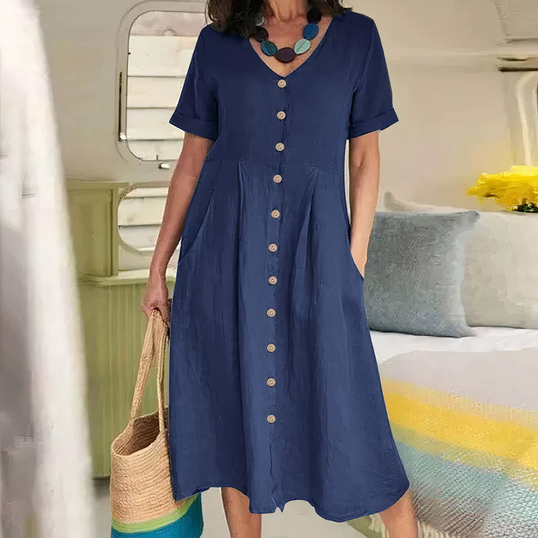 Abito estivo midi casual da donna, perfetto per il giorno, ampio, leggero e traspirante.