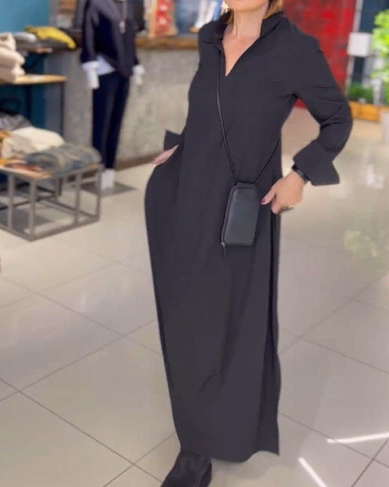Vestito lungo maxi donna versatile, colletto a revers e spacco. Ideale per un look casual o elegante.