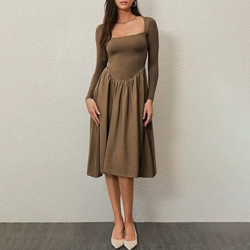 Abito midi donna elegante-casual, linea A, maniche lunghe. Versatile per outfit giorno/sera. Moda femminile.