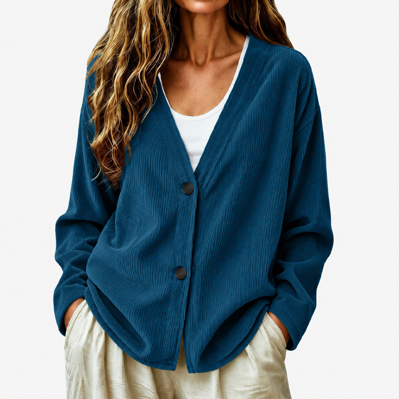 Cardigan donna beige a coste, scollo a V, bottoni. Stile elegante e casual per ogni occasione.